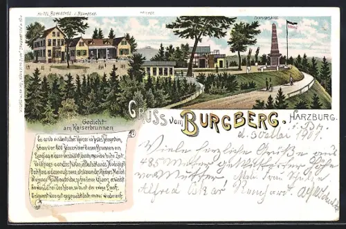 Lithographie Harzburg, Gedicht zu Kaiserbrunnen, Hotel Burgberge