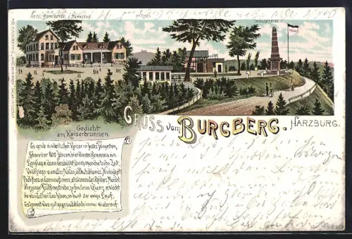Lithographie Harzburg, Gedicht zu Kaiserbrunnen, Hotel Burgberge
