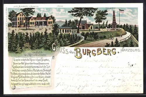 Lithographie Harzburg, Gedicht zu Kaiserbrunnen, Hotel Burgberge