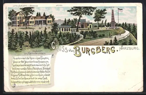 Lithographie Harzburg, Gedicht zu Kaiserbrunnen, Hotel Burgberge