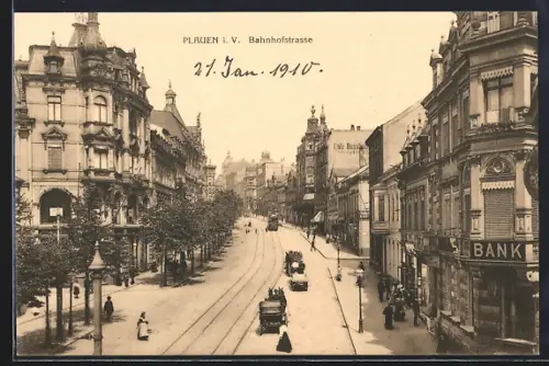 AK Plauen i. V., Bahnhofstrasse mit Strassenbahn