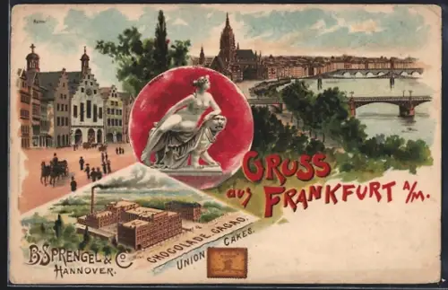 Lithographie Frankfurt, Keks-Fabrik von B. Sprengel & Co, Union Cakes, Ortsansicht
