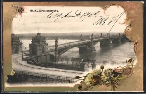 AK Mainz, Strassenbrücke im Passepartoutrahmen