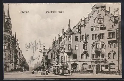 AK Coblenz, Mainzerstrasse mit Restaurant und Cafe, Strassenbahn