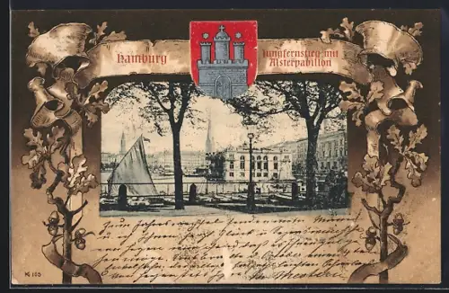 AK Hamburg-Neustadt, Jungfernstieg mit Alterspavillon im Passepartout, Wappen von Hamburg