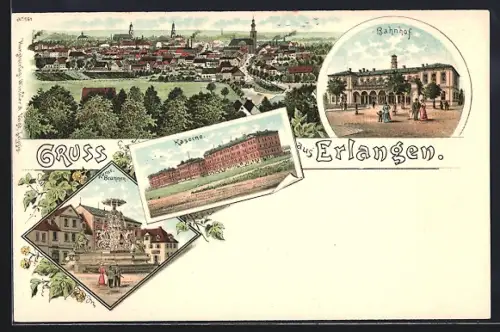 Lithographie Erlangen, Bahnhof, Kaserne, Kunstbrunnen
