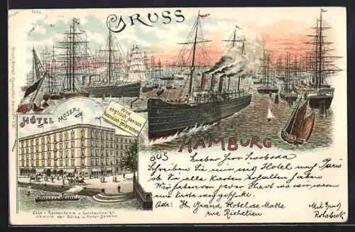 Lithographie Hamburg, Hotel Moser, Reesendamm Ecke Rathausmarkt, Dampfer im Hafen