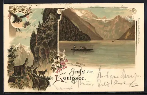 Lithographie Königsee / Berchtesgaden, Ansicht vom Malerwinkel gesehen, Gamswild und Adler in den Bergen