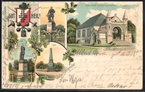 Lithographie Freiburg, Jahn-Denkmäler, Turnvater Jahn`s Grab, Erinnerungs-Turnhalle und Museum, Schönlanke, Lanz