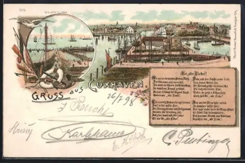 Lithographie Cuxhaven, Hafen mit Booten, Die alte Liebe