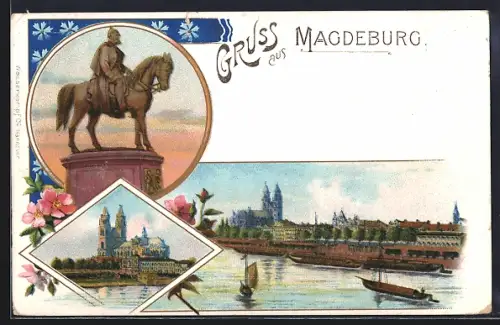 Lithographie Magdeburg, Blick auf Fluss, Denkmal, Kirche