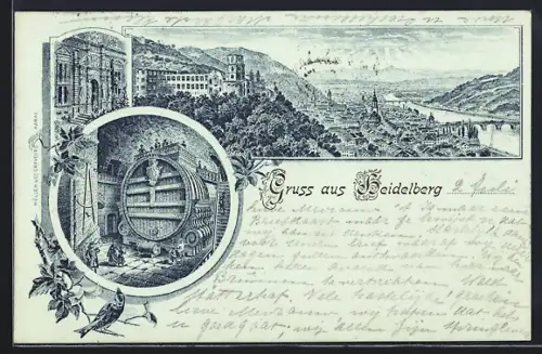 Lithographie Heidelberg, Ortsansicht aus der Vogelschau mit Heidelberger Schloss, Grosses Fass