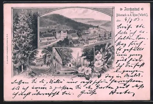 Lithographie Jordanbad b. Biberach a. d. Riss, Ortsansicht aus der Vogelschau, Strassenpartie
