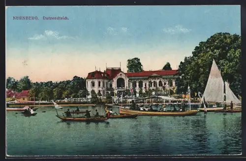 AK Nürnberg, Dutzendteich mit Ruderbooten und Segelboot