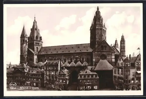 AK Mainz, Blick auf den Dom, Spielwarenhaus u. -lager J. Brechtel