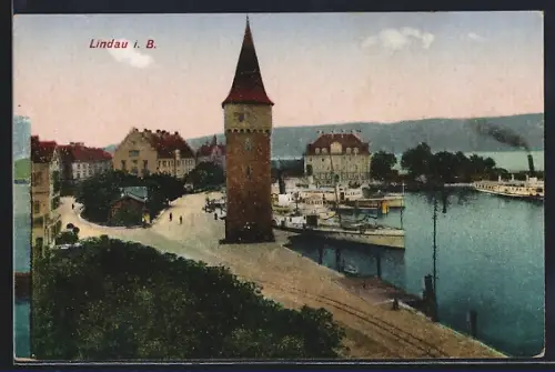 AK Lindau i. B., Partie am Hafen mit Rundturm, Raddampfer im Hafenbecken