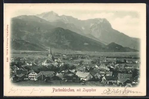AK Partenkirchen, Ortsansicht mit Kirche, im Hintergrund Zugspitze