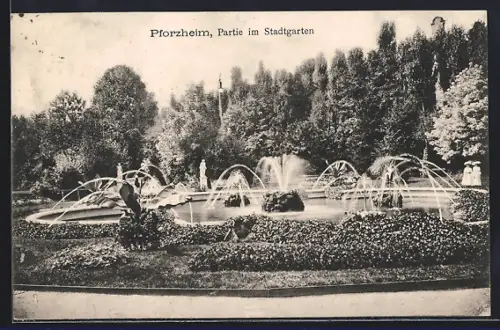 AK Pforzheim, Partie am Stadtgarten mit Fontänen