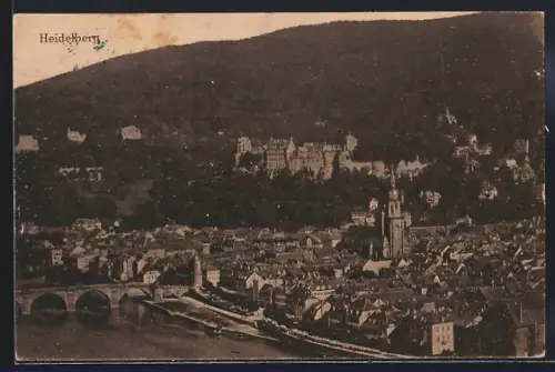 AK Heidelberg, Ortsansicht mit Heidelberger Schloss aus der Vogelschau