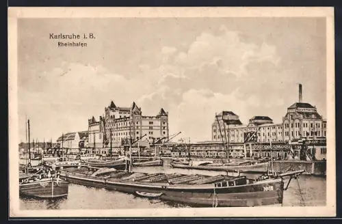 AK Karlsruhe i. B., Rheinhafen mit Lastkähnen und Lagerhäusern