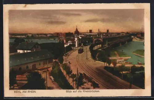 AK Kehl, Blick auf die Rheinbrücken, Strassenbahn