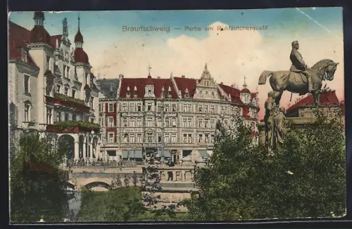 AK Braunschweig, Partie am Ruhfäutchenplatz mit Reiterstandbild