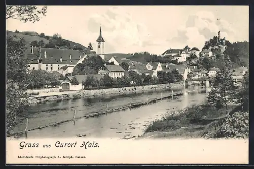 AK Hals, Flusspartie mit Brücke und Kirche