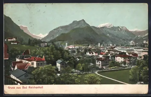 AK Bad Reichenhall, Ortsansicht aus der Vogelschau gegen das Gebirge
