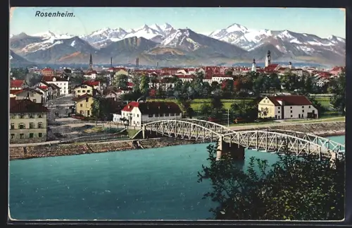 AK Rosenheim, Ortsansicht mit Brücke gegen die Alpen