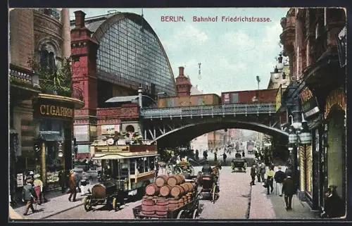 AK Berlin, Bahnhof Friedrichstrasse mit Geschäften und Kutschen