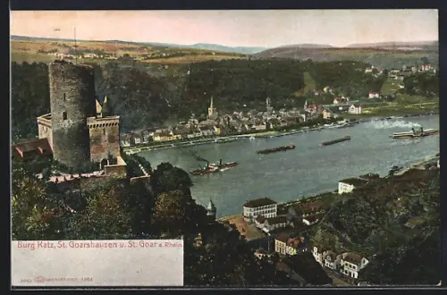 AK St. Goar a. Rhein, Panorama mit Burg Katz und St. Goarshausen