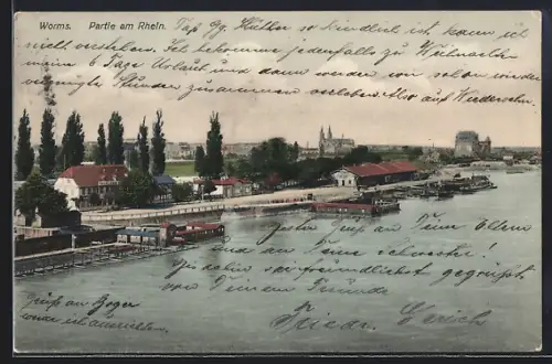 AK Worms, Rheinpartie mit Hotel Rheinischer Hof