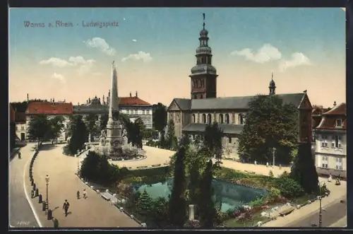 AK Worms a. Rhein, Ludwigsplatz mit Kirche und Denkmal