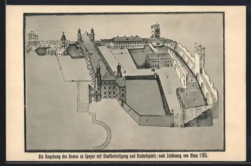 Künstler-AK Speyer, Dom mit Stadtbefestigung und Bischofsplatz