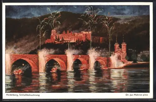 Künstler-AK Heidelberg, Schlossbeleuchtung, Neujahrsgruss
