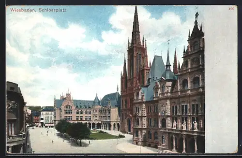AK Wiesbaden, Schlossplatz mit Rathaus