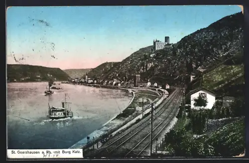 AK St. Goarshausen a. Rh., Teilansicht mit Burg Katz