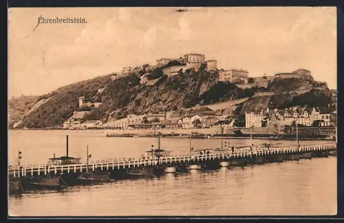 AK Ehrenbreitstein, Flusspartie mit Blick auf die Festung