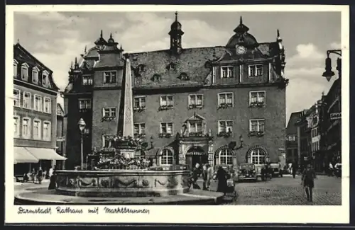 AK Darmstadt, Rathaus mit Gasthaus Ratskeller und Marktbrunnen