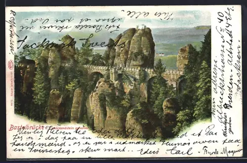 Lithographie Bastei, Basteibrücke vom Ferdinandstein aus gesehen