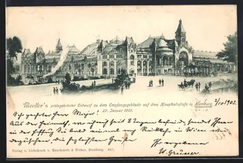Künstler-AK Hamburg-St.Georg, Empfangsgebäude auf dem Hauptbahnhof 1901