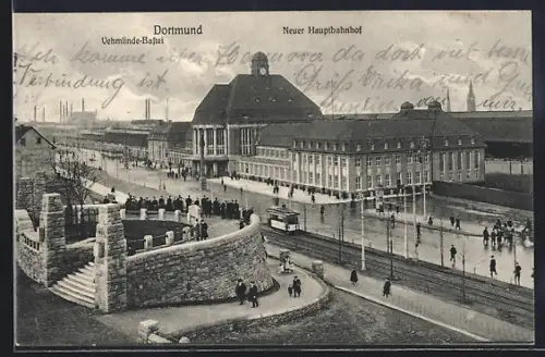 AK Dortmund, Neuer Hauptbahnhof mit Vehmlinde-Bastei und Strassenbahn