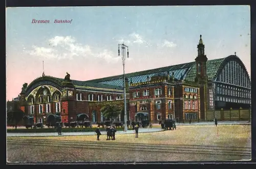 AK Bremen, Bahnhof mit Kutschen