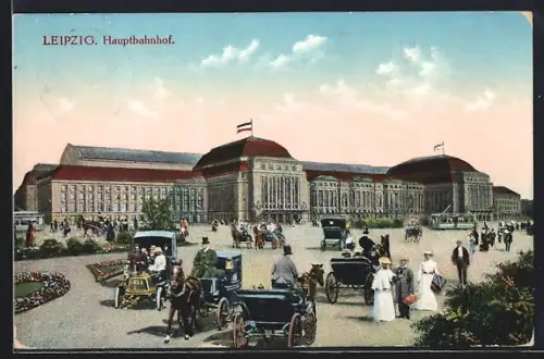 AK Leipzig, Pferdekutschen und Autos vor dem Hauptbahnhof