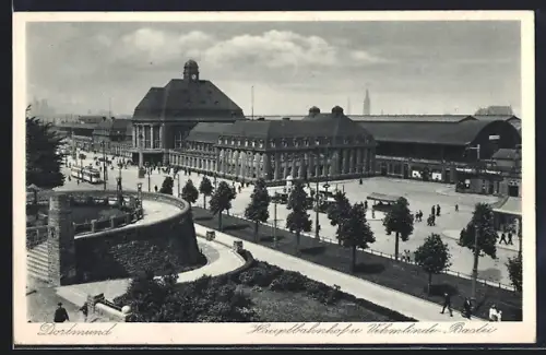 AK Dortmund, Hauptbahnhof mit Vehmlinde-Bastei und Strassenbahn