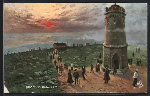 Künstler-AK Brocken, Dämmerungsbild mit Brocken-Hotel