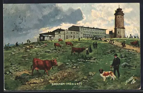 Künstler-AK Brocken, Ansicht mit Kühen auf dem Brocken