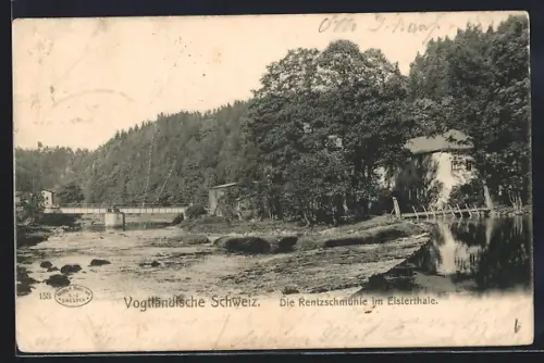 AK Rentzschmühle im Elsterthal, Ortspartie mit Brücke