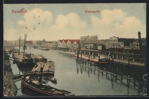 AK Mannheim, Partie am Hafen, Lastkähne