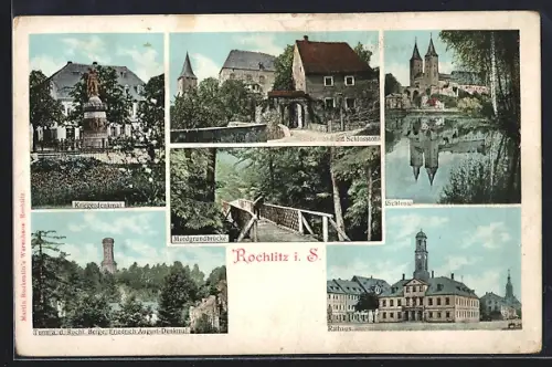 AK Rochlitz, Kriegerdenkmal, Rathaus, Mordgrundbrücke, Schloss